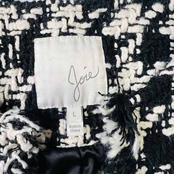 Joie Womens Black White Awel Houndstooth Twill Fringe Open Front Jacket Sz Large - Picture 3 of 6